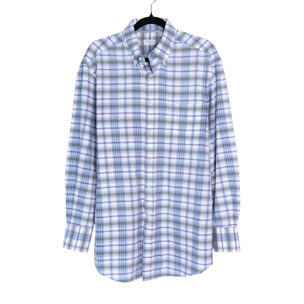 Brunello Cucinelli Light Blue, White and Green Plaid Button-Down Shirt